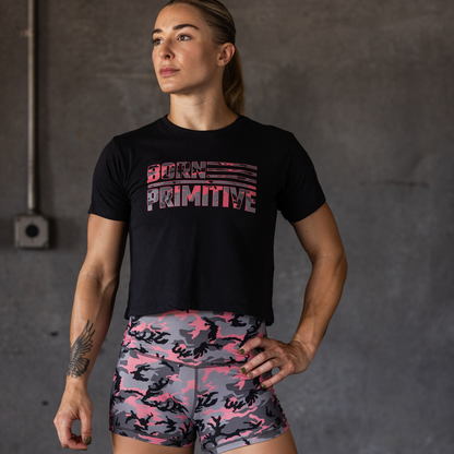 BP Flag Crop Tee (Black/Pink Woodland)
