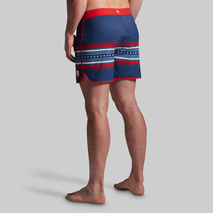 Blue shorts with American flag pattern.