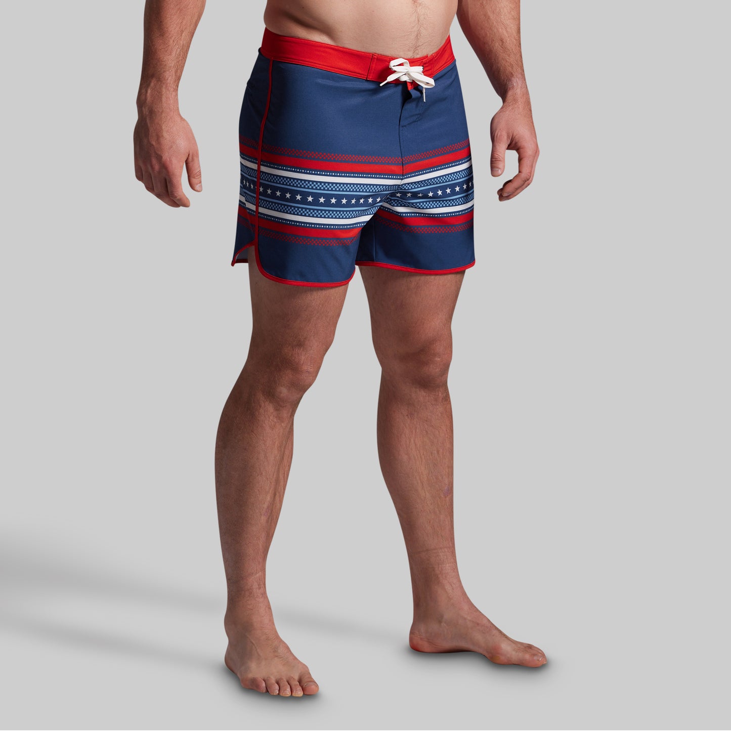 Blue shorts with American flag pattern.