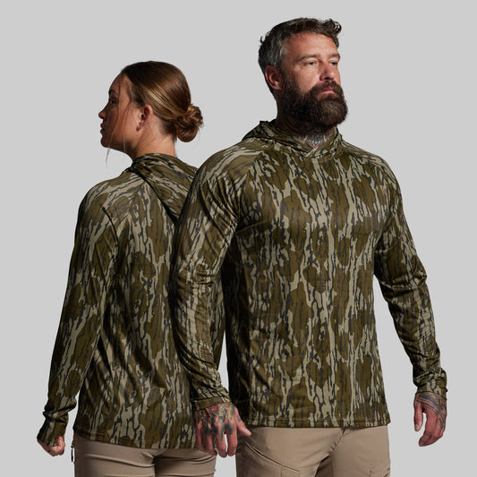 Two people wearing camouflage hoodies on a plain background