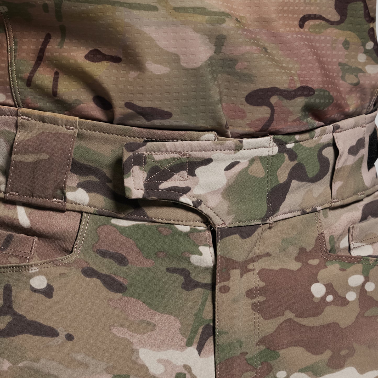 Close-up of a camouflage military uniform with visible stitching and pattern.
