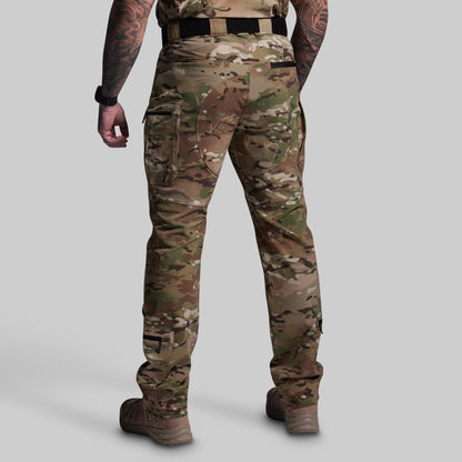 Camouflage pants worn by a person on a gray background