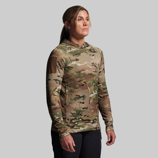 Person wearing a camouflage long-sleeve shirt on a gray background