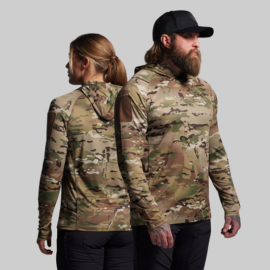 Two people wearing camouflage hoodies on a plain background