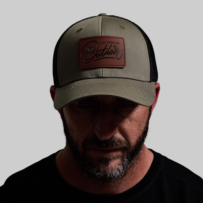 Outdoor Leather Patch FLEX Trucker Hat (OD Green/Black)