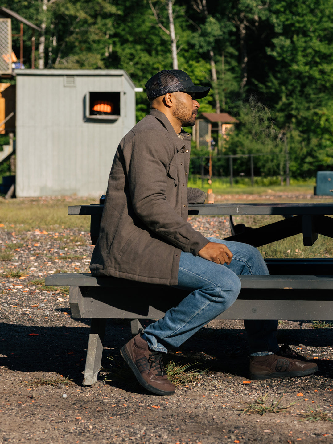 Brownie Urban Recon 1 shoe sitting at a picnic table 