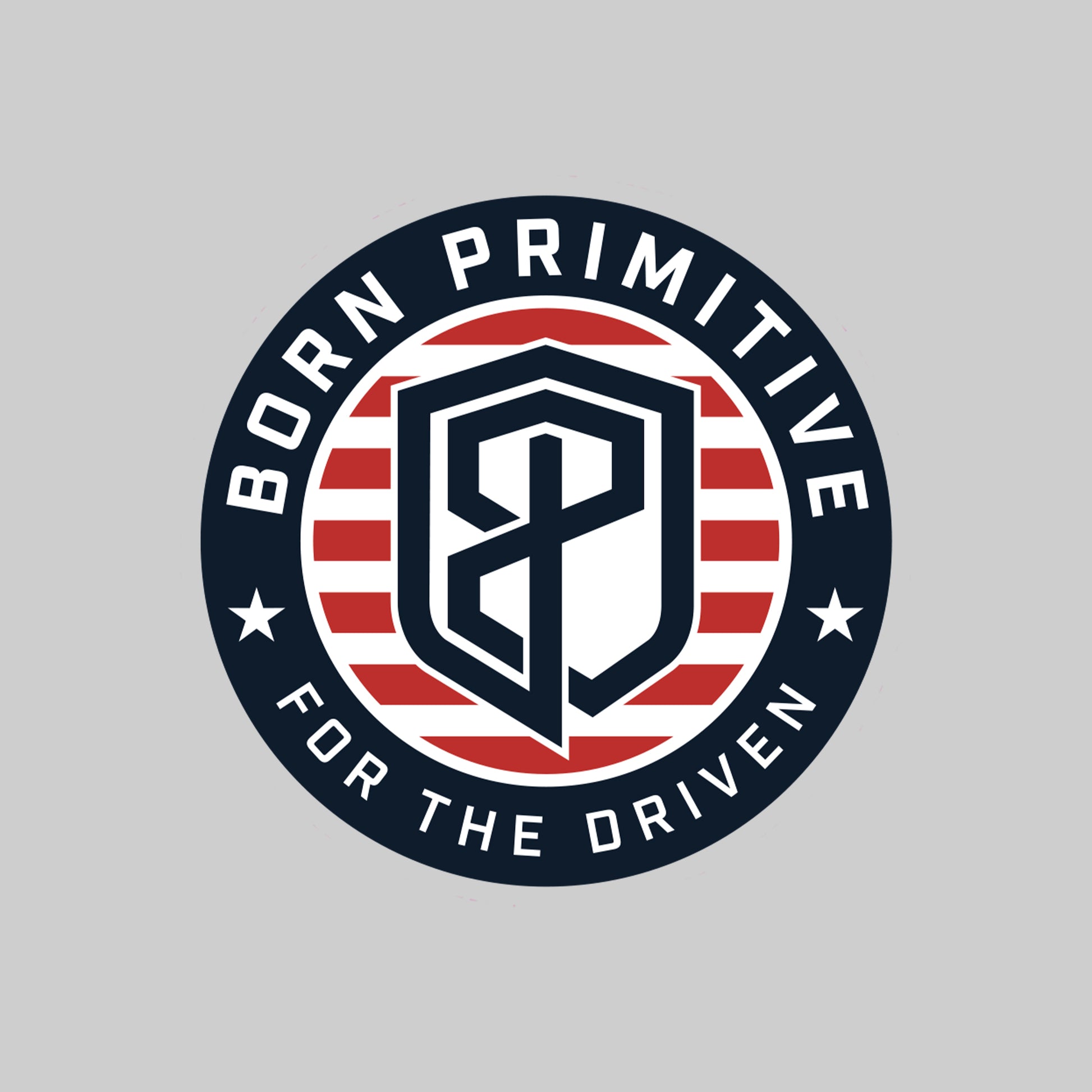 Sticker decal logo with 'Born Primitive' text and shield design on a gray background