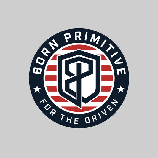 Sticker decal logo with 'Born Primitive' text and shield design on a gray background