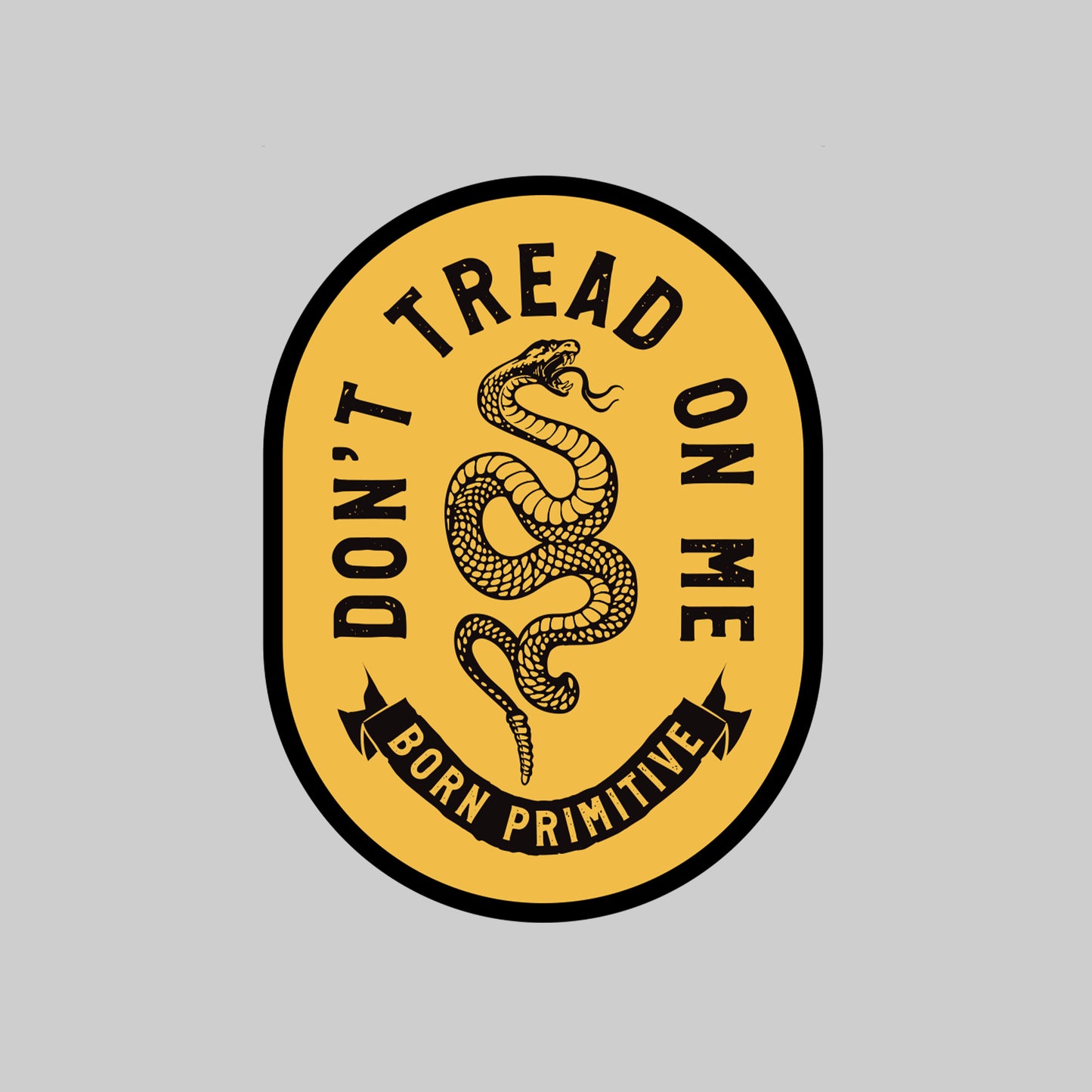 Yellow and black sticker with snake design and text 'Don't Tread on Me' on a gray background