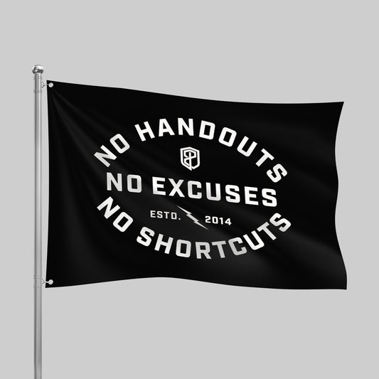 Black flag with white text on a gray background