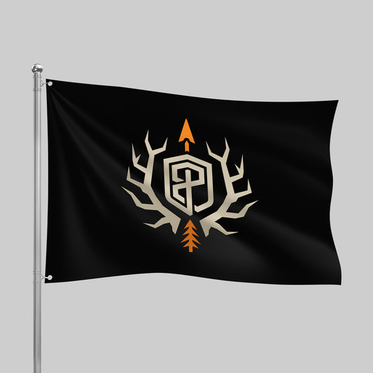 Black flag with a central logo featuring deer antlers and an orange arrowhead on a gray background