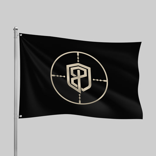 Black flag with a gold emblem on a gray background