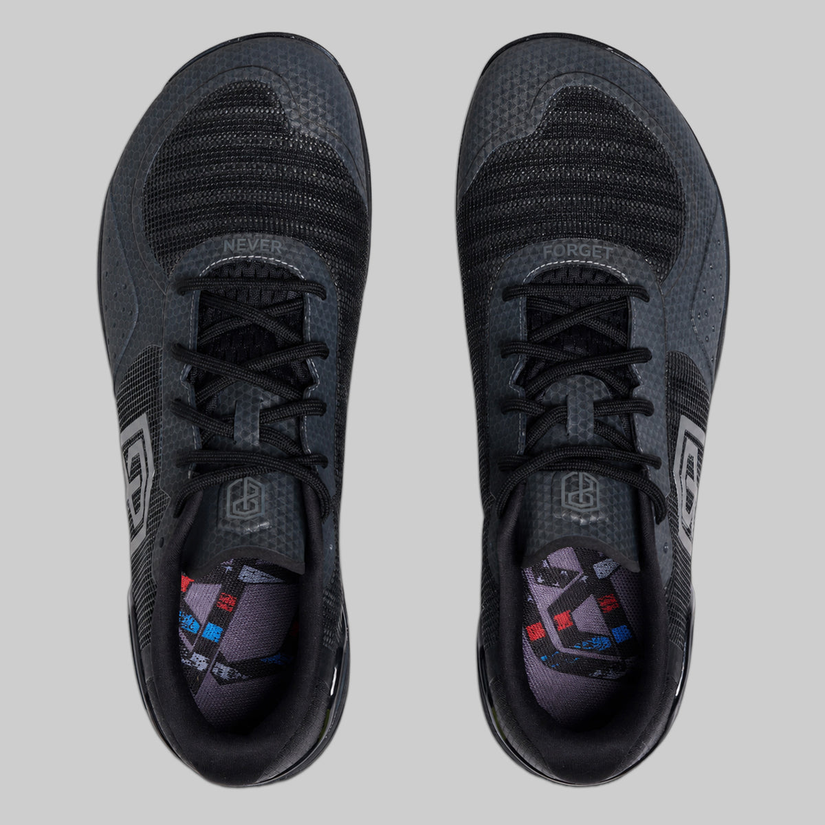 Top view of men's metal grey 9/11 Savage 1 training shoes with commemorative insoles