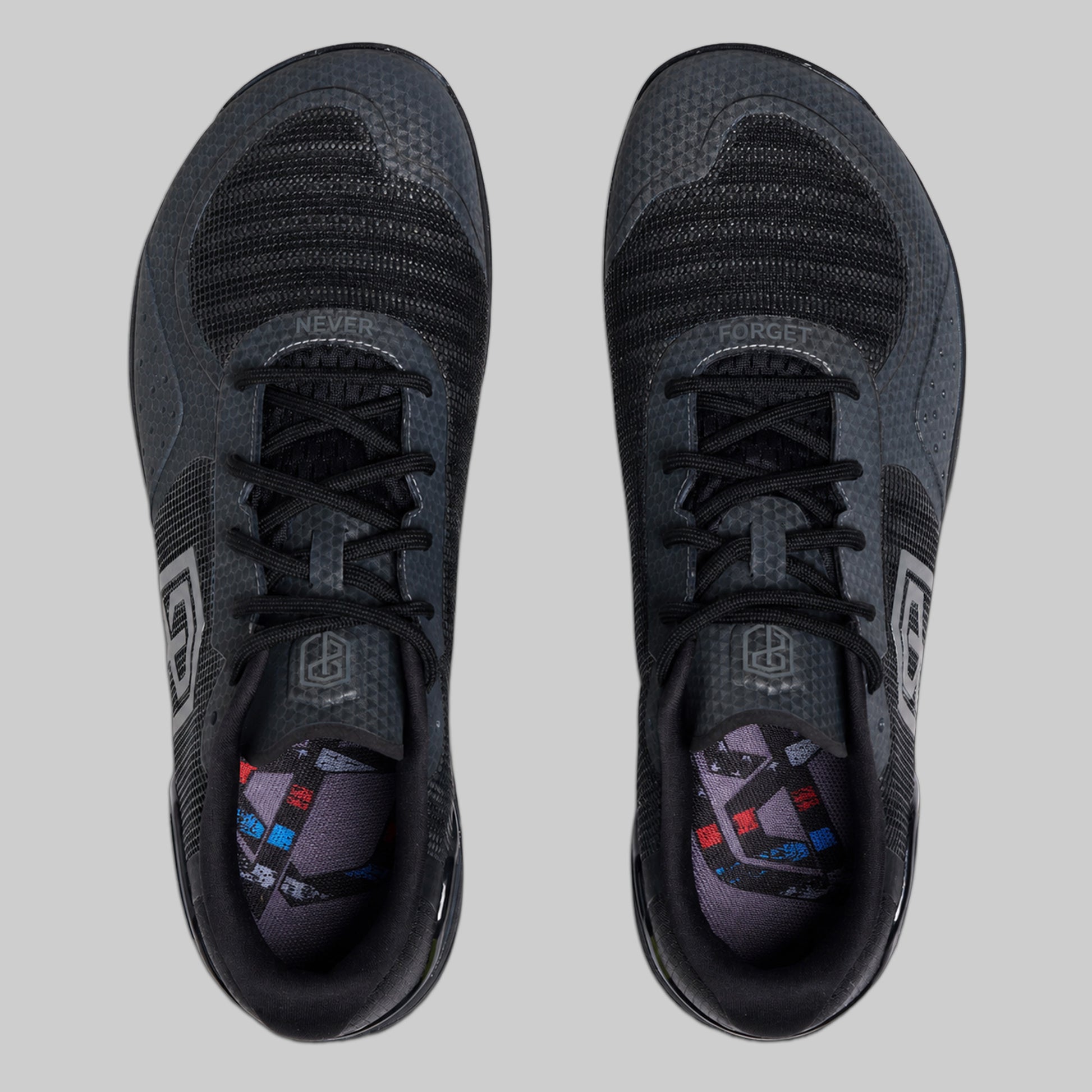 Top view of women's metal grey 9/11 Savage 1 training shoes with commemorative insoles