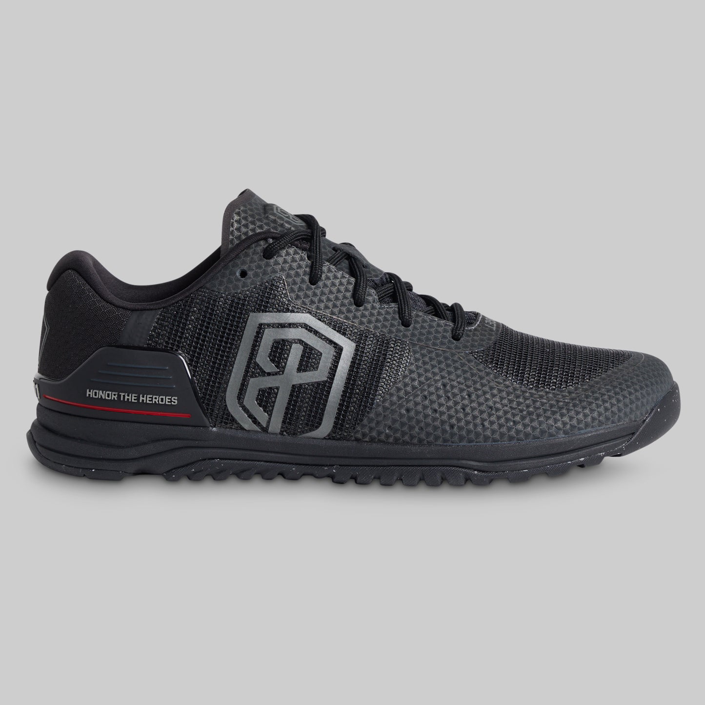 Men's metal grey 9/11 Savage 1 training shoe, outer side with Honor the Heroes detail
