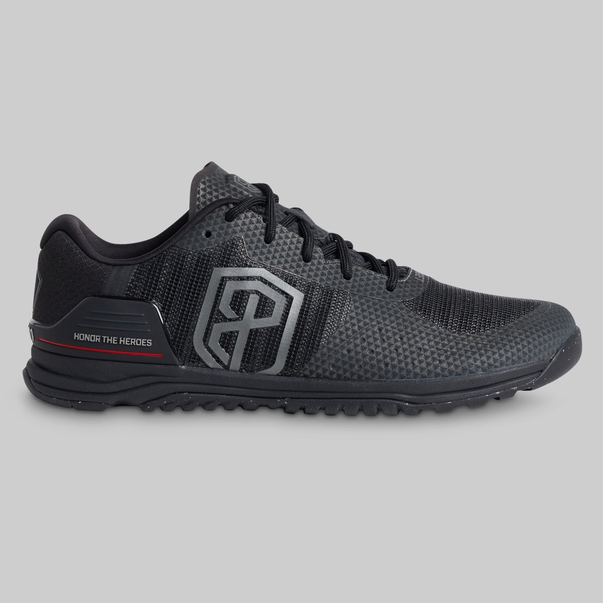 Women's metal grey 9/11 Savage 1 training shoe, outer side with Honor the Heroes detail