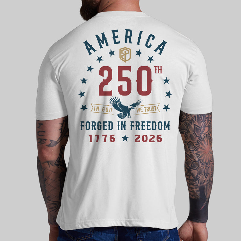 White t-shirt with 'America 250th' design on the back, featuring stars and an eagle emblem.