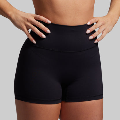 Person wearing black athletic shorts on a gray background