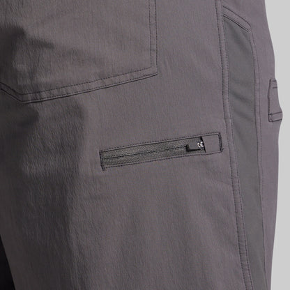 Close-up of gray shorts with a zipper pocket on a plain background