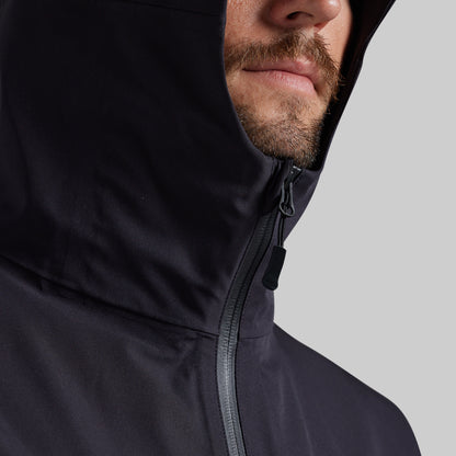 Close-up of the black Mission FLEX Rain Jacket 2.0 hood and front zipper