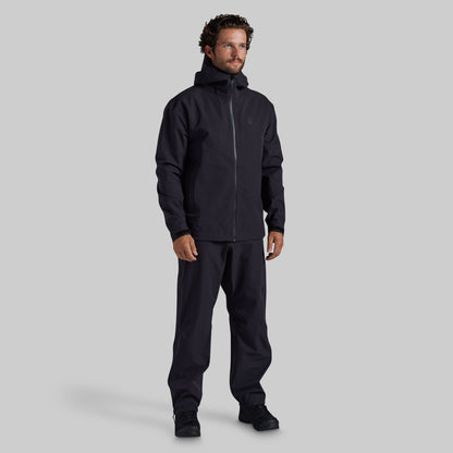 Full front view of the black Mission FLEX Rain Jacket 2.0 with matching rain pants