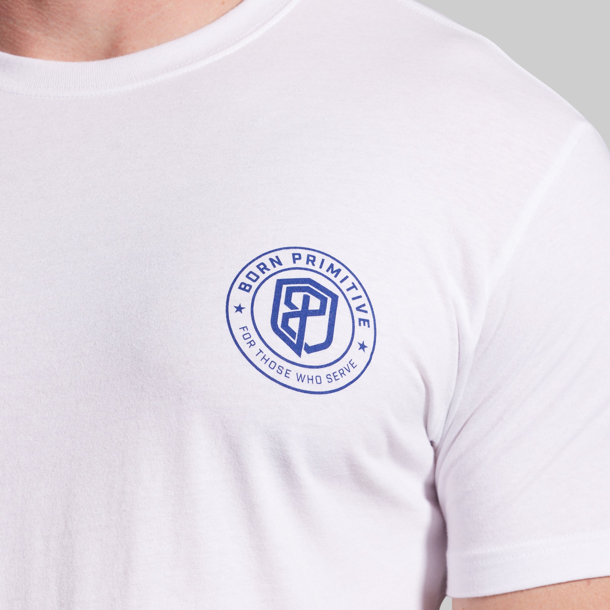 White t-shirt with a blue logo on a gray background