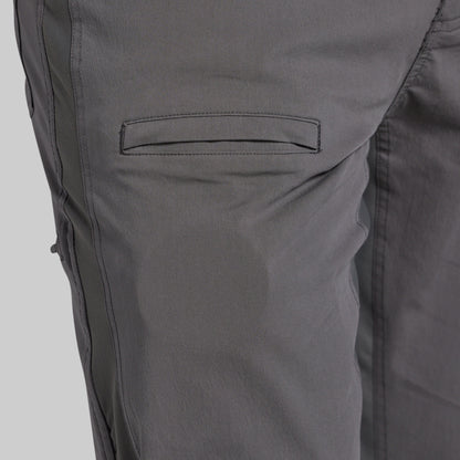 Close-up of dark gray pants showing a side pocket and fabric texture.