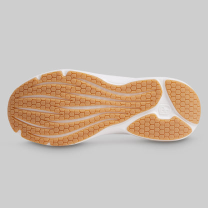 Close-up of a shoe sole with a textured pattern on a gray background
