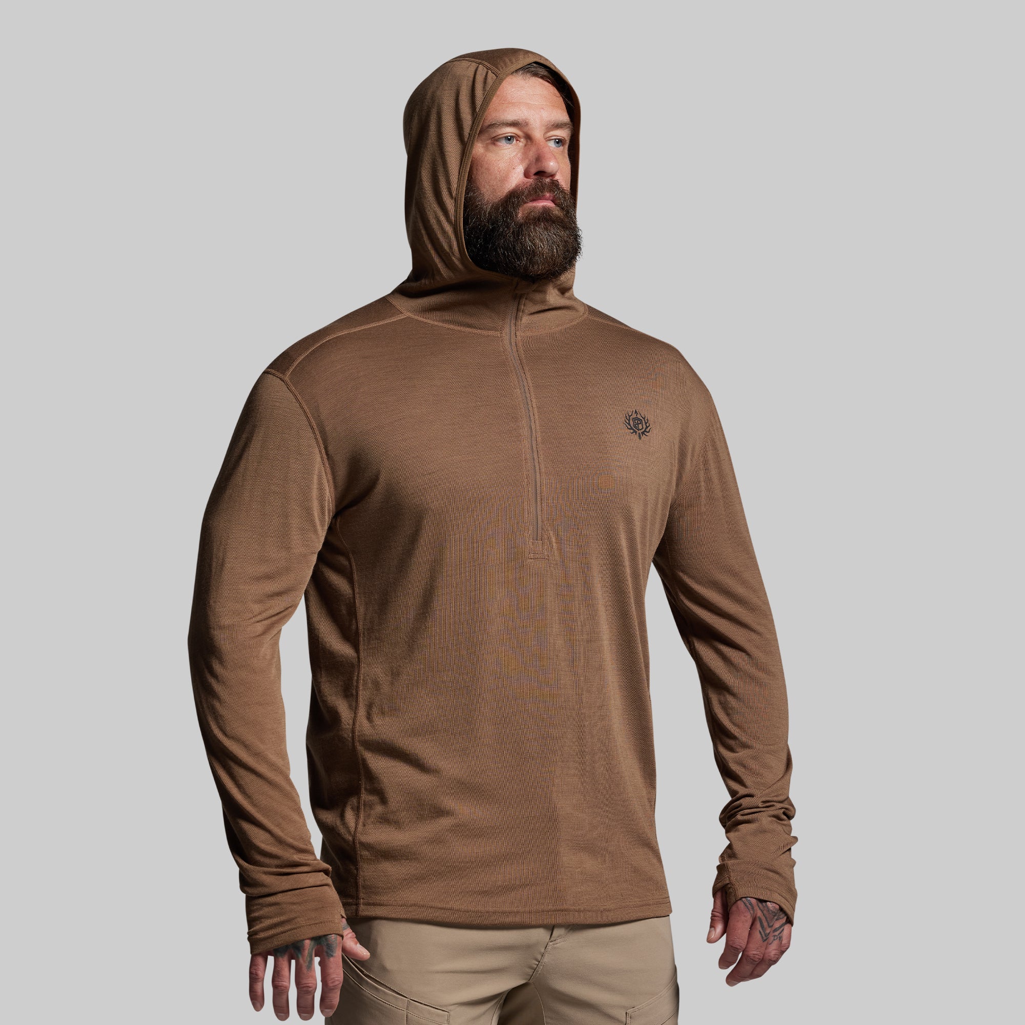 Ridgeline Merino Half Zip Hoodie 165 (Coyote Brown) – Born Primitive
