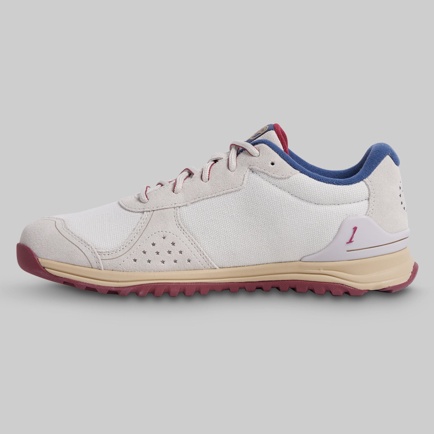 White sneaker with blue and red accents on a gray background