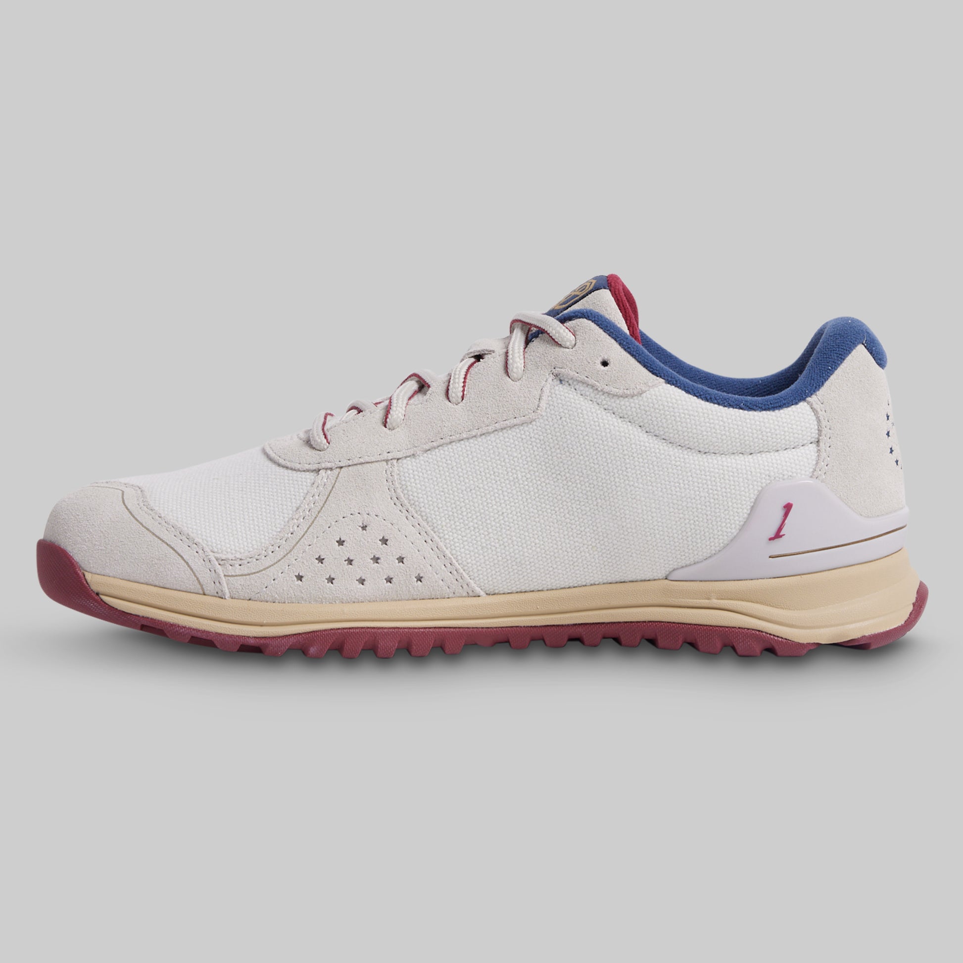 White sneaker with blue and red accents on a gray background