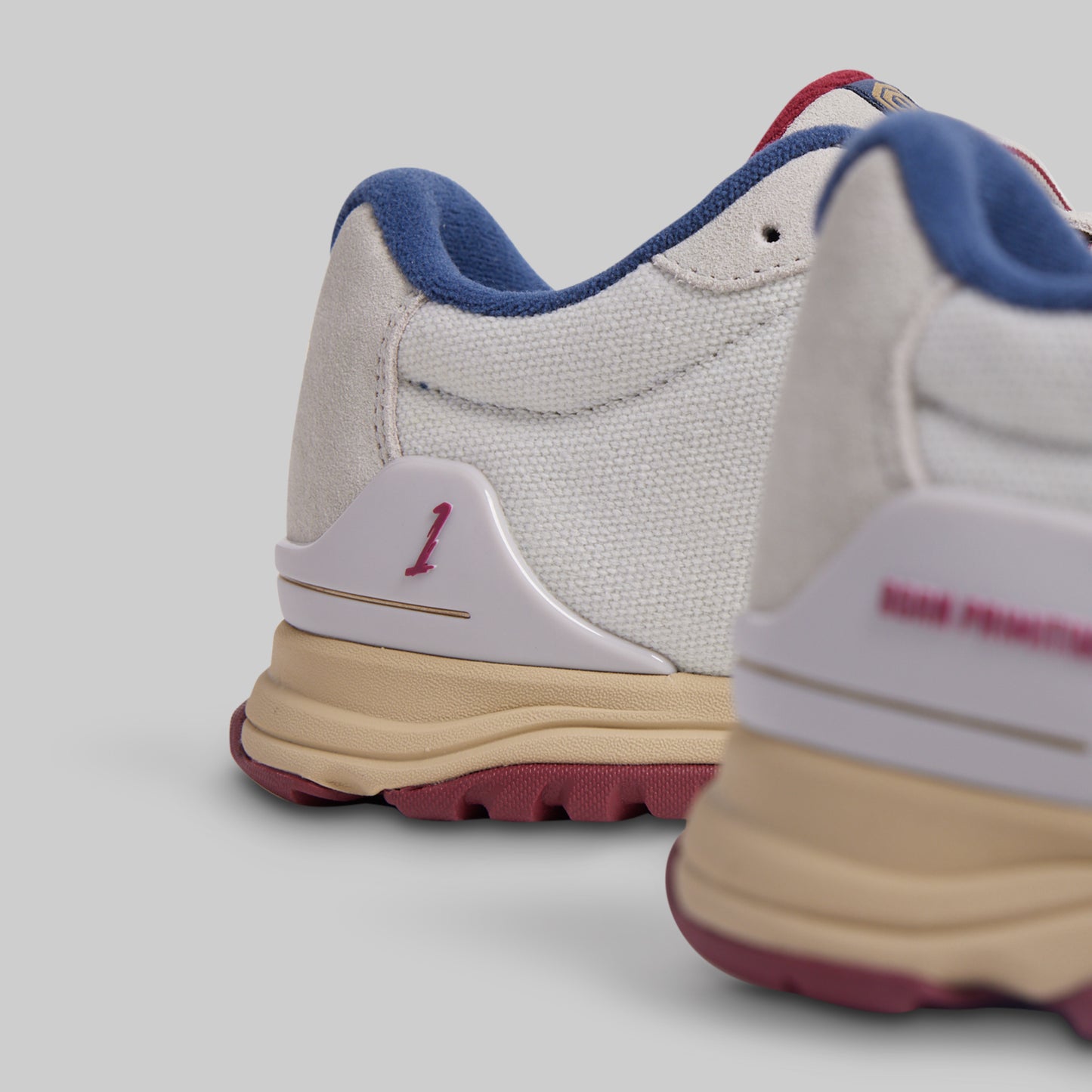 Close-up of a pair of white sneakers with blue and red accents on a light gray background
