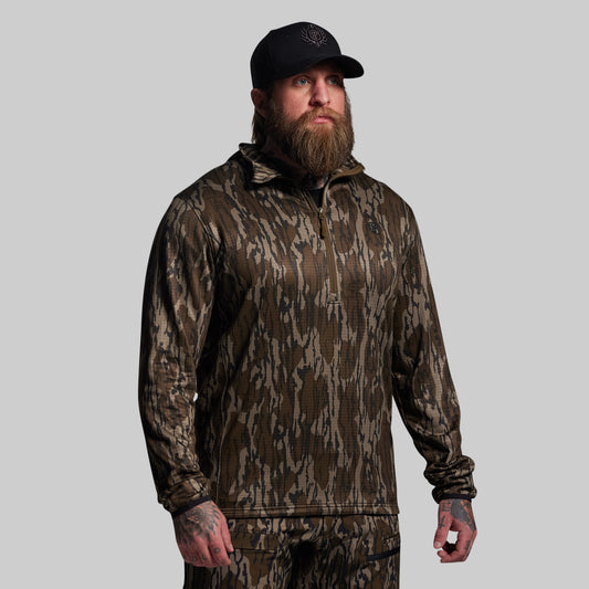 Person wearing a camouflage hoodie and cap on a gray background