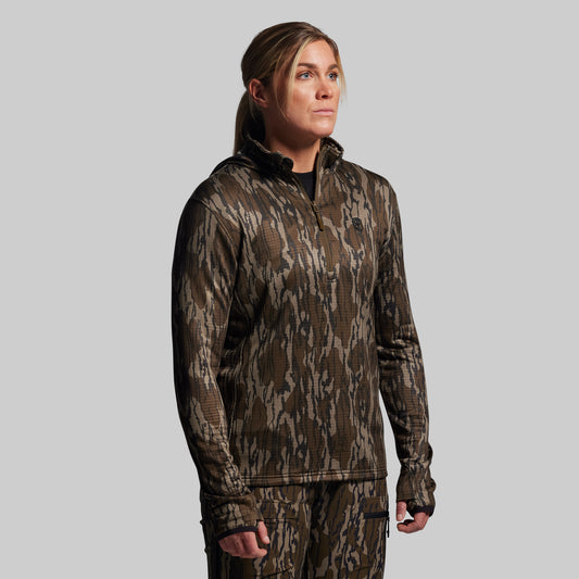 Person wearing a camouflage hoodie on a gray background