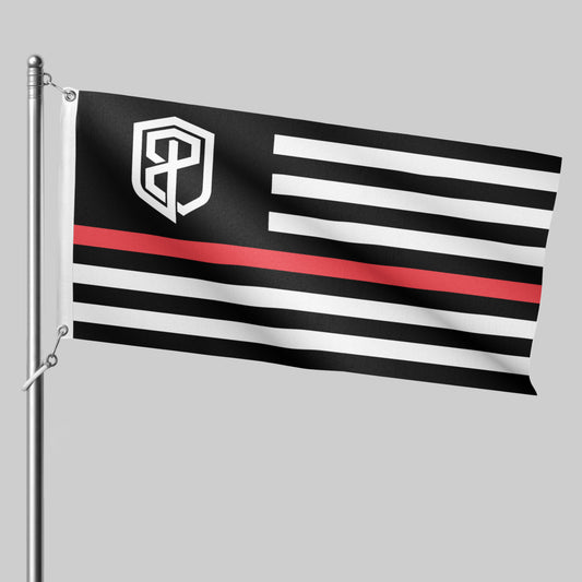 Flag with black, white, and red design on a gray background