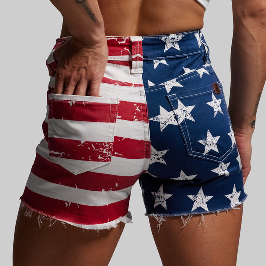 American flag patterned shorts with star design on a plain background