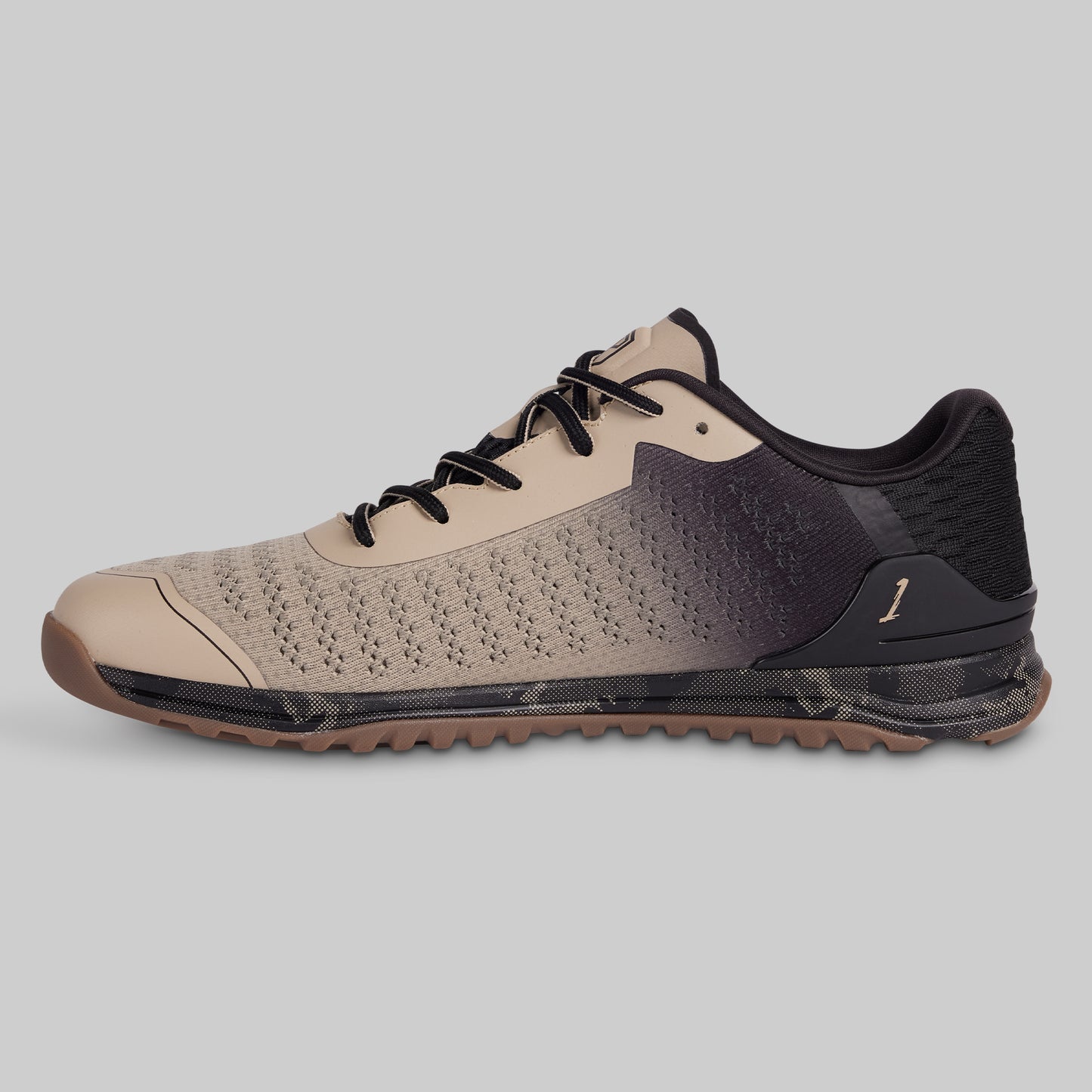 Beige and black sneaker on a gray background