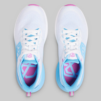 White running shoes with blue and pink accents on a gray background