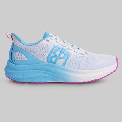 Light blue and white running shoe on a gray background